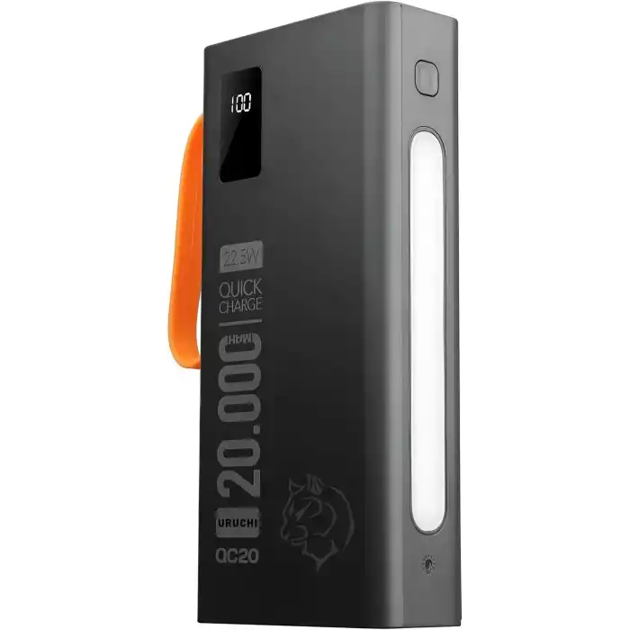 URUCHI 22.5W PD 3.0 Kablolu Powerbank, Gerçek 20.000 mAh Taşınabilir Şarj Cihazı, Dahili Type-C, Lightning ve Micro USB Kablolu, LED Ekranlı, Hızlı Şarj, iPhone 16/15 ve Android Uyumlu, Siyah