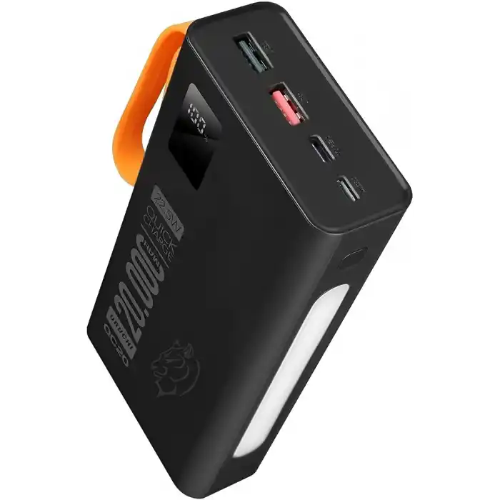 URUCHI 22.5W PD 3.0 Kablolu Powerbank, Gerçek 20.000 mAh Taşınabilir Şarj Cihazı, Dahili Type-C, Lightning ve Micro USB Kablolu, LED Ekranlı, Hızlı Şarj, iPhone 16/15 ve Android Uyumlu, Siyah