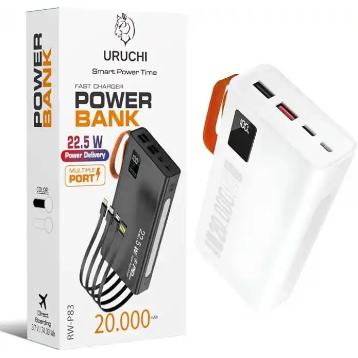 URUCHI 22.5W PD 3.0 Kablolu Powerbank, Gerçek 20.000 mAh Taşınabilir Şarj Cihazı, Dahili Type-C, Lightning ve Micro USB Kablolu, LED Ekranlı, Hızlı Şarj, iPhone 16/15 ve Android Uyumlu, Siyah