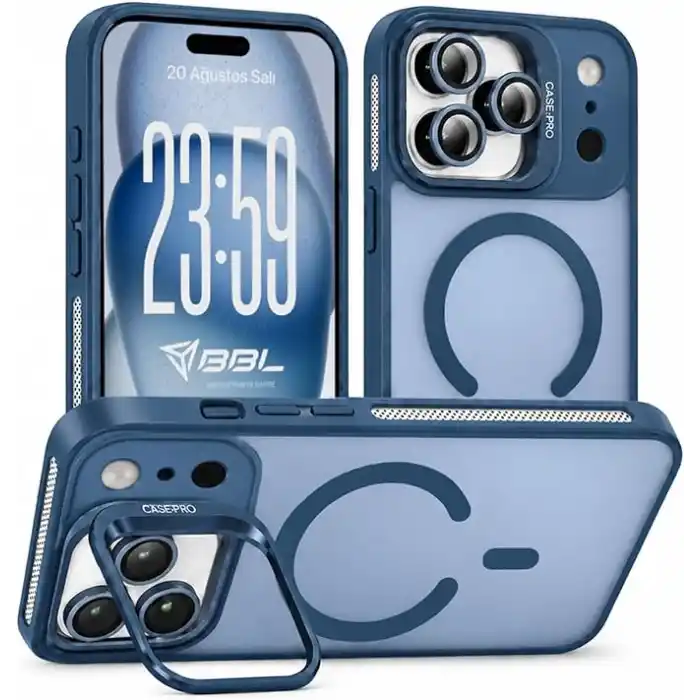 Babilden iPhone 17 Pro Max İçin Kılıf Kamera Korumalı Magsafe İle Uyumlu Kablosuz Şarj Özellikli Mat Şeffaf Renkli Standlı Lens Hediyeli Telefon Kılıfı (Lacivert)