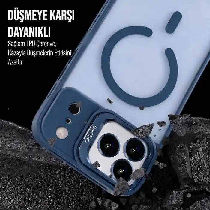 Babilden iPhone 17 Pro Max İçin Kılıf Kamera Korumalı Magsafe İle Uyumlu Kablosuz Şarj Özellikli Mat Şeffaf Renkli Standlı Lens Hediyeli Telefon Kılıfı (Lacivert)