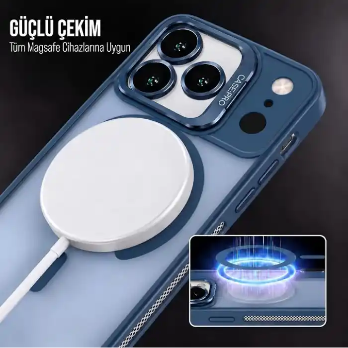 Babilden iPhone 17 Pro Max İçin Kılıf Kamera Korumalı Magsafe İle Uyumlu Kablosuz Şarj Özellikli Mat Şeffaf Renkli Standlı Lens Hediyeli Telefon Kılıfı (Lacivert)