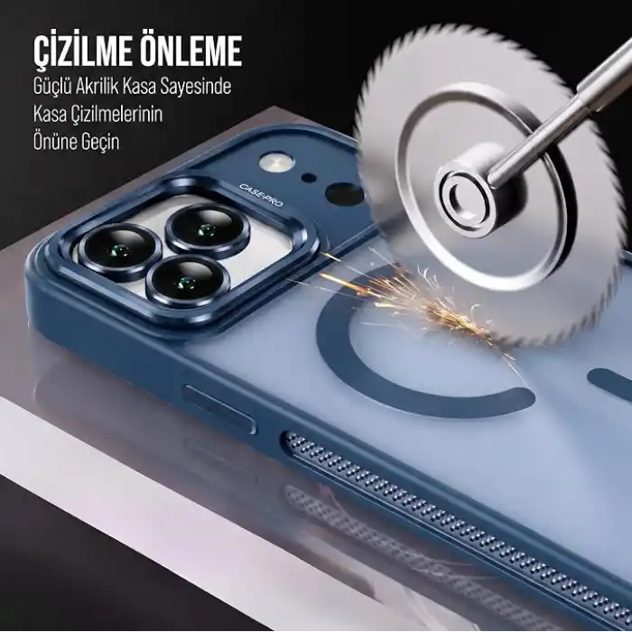 Babilden iPhone 17 Pro Max İçin Kılıf Kamera Korumalı Magsafe İle Uyumlu Kablosuz Şarj Özellikli Mat Şeffaf Renkli Standlı Lens Hediyeli Telefon Kılıfı (Lacivert)