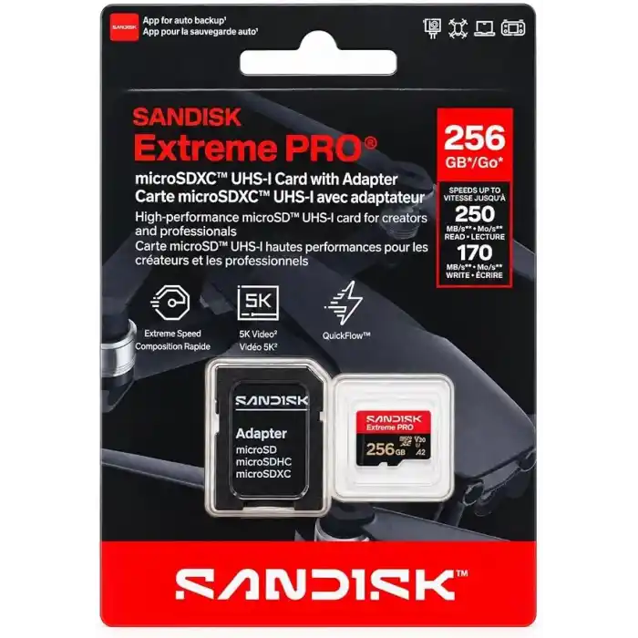 SANDISK yeni versiyon Extreme PRO microSDXC 256 GB, UHS-I kartı + SD adaptörü (250 MB/snye kadar okuma, 170 MB/snye kadar yazma, 5K, 3K, 4K UHD, C10, V30, U3, A2)