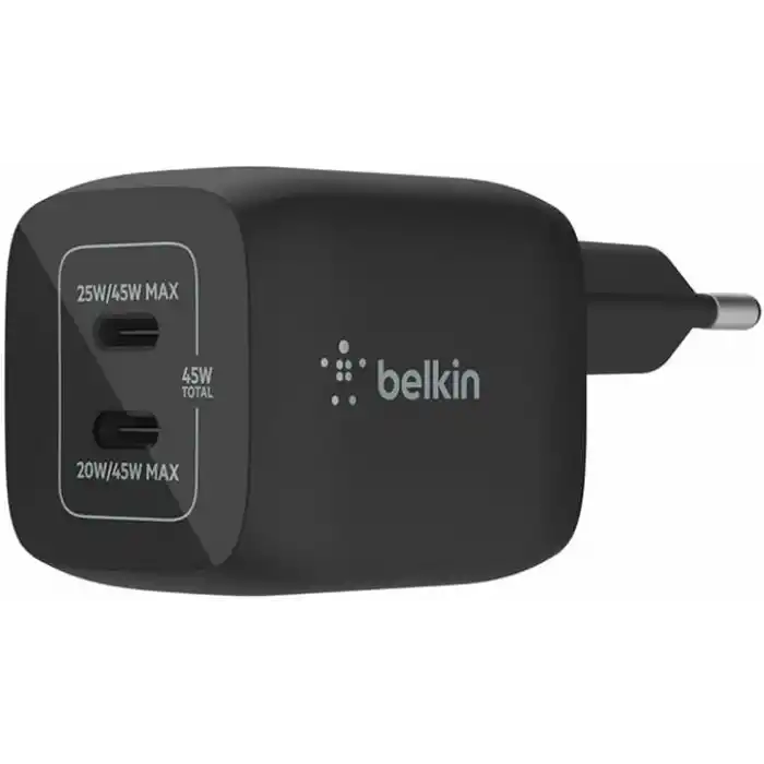 Belkin Çift USB-C Duvar Şarj Cihazı 45W, iPhone 14, 13, 12, Pro, Pro Max, iPad Pro 12.9, 11, MacBook, Galaxy S23, S23+, Ultra, Tab ve daha fazlası için GaN Teknolojili PD 3.0 Hızlı Şarj