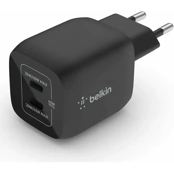 Belkin Çift USB-C Duvar Şarj Cihazı 45W, iPhone 14, 13, 12, Pro, Pro Max, iPad Pro 12.9, 11, MacBook, Galaxy S23, S23+, Ultra, Tab ve daha fazlası için GaN Teknolojili PD 3.0 Hızlı Şarj