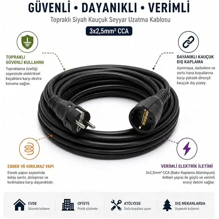 3x2.5mm TTR Topraklı Siyah Kauçuk Seyyar Uzatma Kablosu (10 METRE)