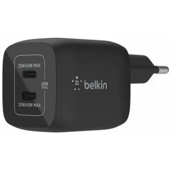 Belkin Çift USB-C Duvar Şarj Cihazı 45W, iPhone 14, 13, 12, Pro, Pro Max, iPad Pro 12.9, 11, MacBook, Galaxy S23, S23+, Ultra, Tab ve daha fazlası için GaN Teknolojili PD 3.0 Hızlı Şarj