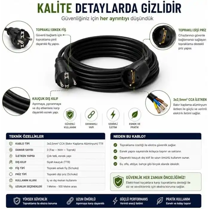 3x2.5mm TTR Topraklı Siyah Kauçuk Seyyar Uzatma Kablosu (10 METRE)