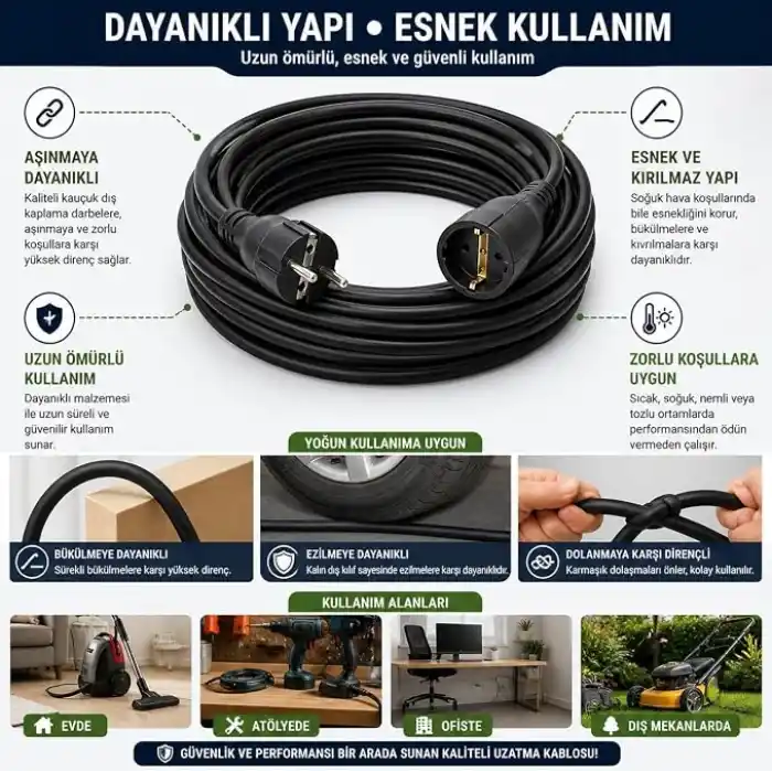 3x2.5mm TTR Topraklı Siyah Kauçuk Seyyar Uzatma Kablosu (10 METRE)
