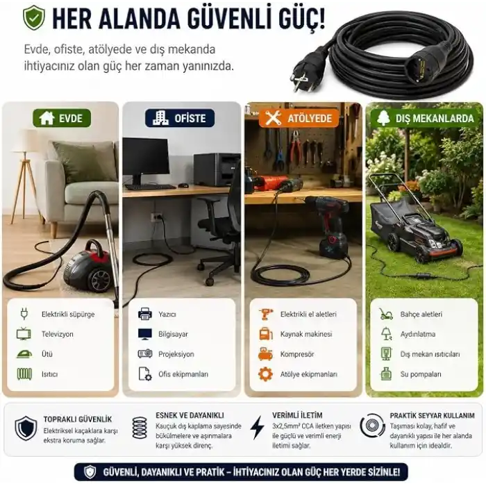 3x2.5mm TTR Topraklı Siyah Kauçuk Seyyar Uzatma Kablosu (10 METRE)