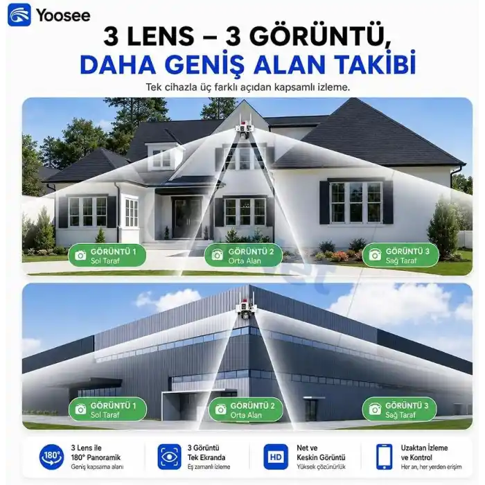 6MP Üç Kameralı WiFi Güvenlik Kamerası PTZ 355 Derece Dönebilen