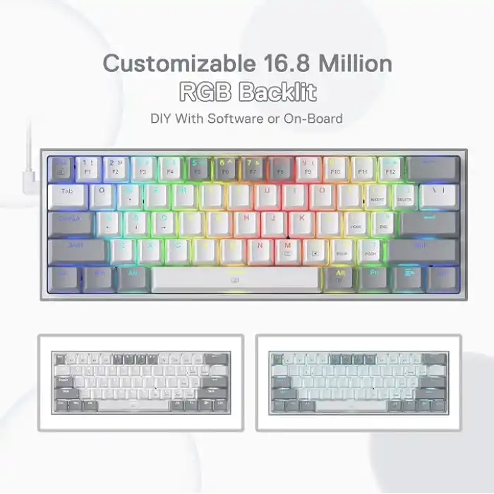 Redragon K617-RGB 16,8 Milyon RGB Aydınlatma, Red Switch Fizz%60 Q Türkçe Kablolu Mekanik Oyuncu Klavyesi Beyaz Gri
