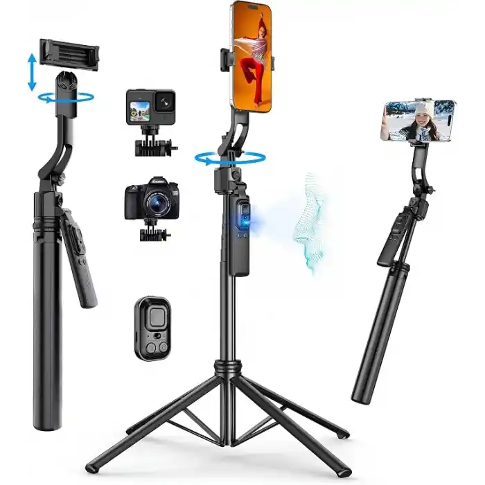 Coverzone Profesyonel Tripod ve Selfie Çubuğu, 360° Yapay Zeka Yüz Takibi, AI Hareketle Komut, 1/4 Vidalı, Canlı Yayın, Vlog, Fotoğraf, Uzaktan Kumandalı,160cm C17