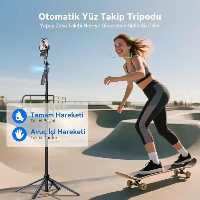 Coverzone Profesyonel Tripod ve Selfie Çubuğu, 360° Yapay Zeka Yüz Takibi, AI Hareketle Komut, 1/4 Vidalı, Canlı Yayın, Vlog, Fotoğraf, Uzaktan Kumandalı,160cm C17