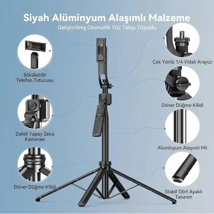 Coverzone Profesyonel Tripod ve Selfie Çubuğu, 360° Yapay Zeka Yüz Takibi, AI Hareketle Komut, 1/4 Vidalı, Canlı Yayın, Vlog, Fotoğraf, Uzaktan Kumandalı,160cm C17