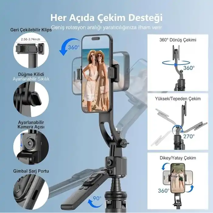 Coverzone Profesyonel Tripod ve Selfie Çubuğu, 360° Yapay Zeka Yüz Takibi, AI Hareketle Komut, 1/4 Vidalı, Canlı Yayın, Vlog, Fotoğraf, Uzaktan Kumandalı,160cm C17