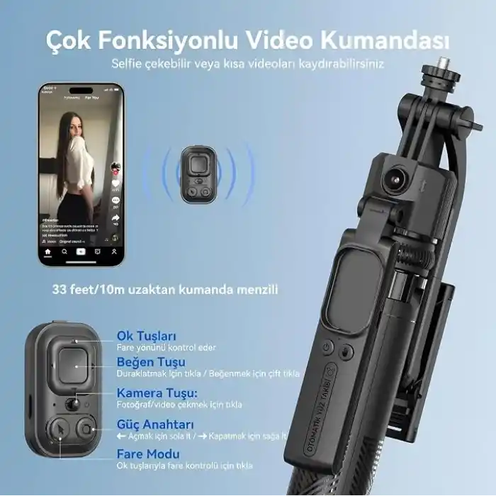 Coverzone Profesyonel Tripod ve Selfie Çubuğu, 360° Yapay Zeka Yüz Takibi, AI Hareketle Komut, 1/4 Vidalı, Canlı Yayın, Vlog, Fotoğraf, Uzaktan Kumandalı,160cm C17