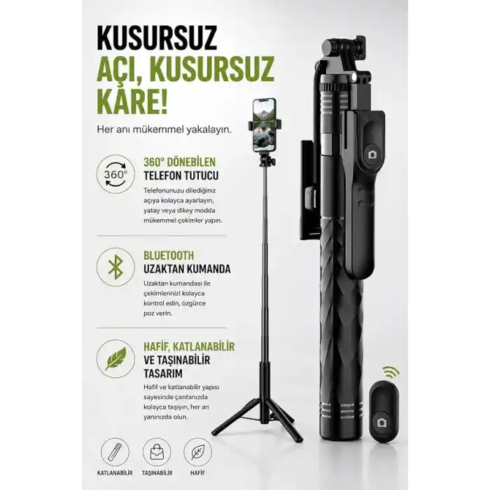 Coverzone Bluetooth Selfie Çubuğu ve Tripod, 360° Dönebilen Telefon Tutucu, Uzaktan Kumandalı, Maksimum 175cm, Katlanabilir Vlog Canlı Yayın Fotoğraf Video Çekim Standı | K28P