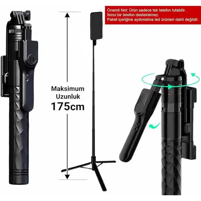 Coverzone Bluetooth Selfie Çubuğu ve Tripod, 360° Dönebilen Telefon Tutucu, Uzaktan Kumandalı, Maksimum 175cm, Katlanabilir Vlog Canlı Yayın Fotoğraf Video Çekim Standı | K28P