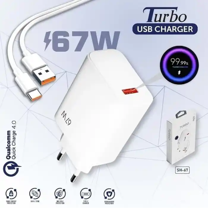 PDATeknoloji 67W Turbo Hızlı Şarj Adaptörü ve Data kablosu Beyaz PDA-067 2IN1 (Yerli Üretim)