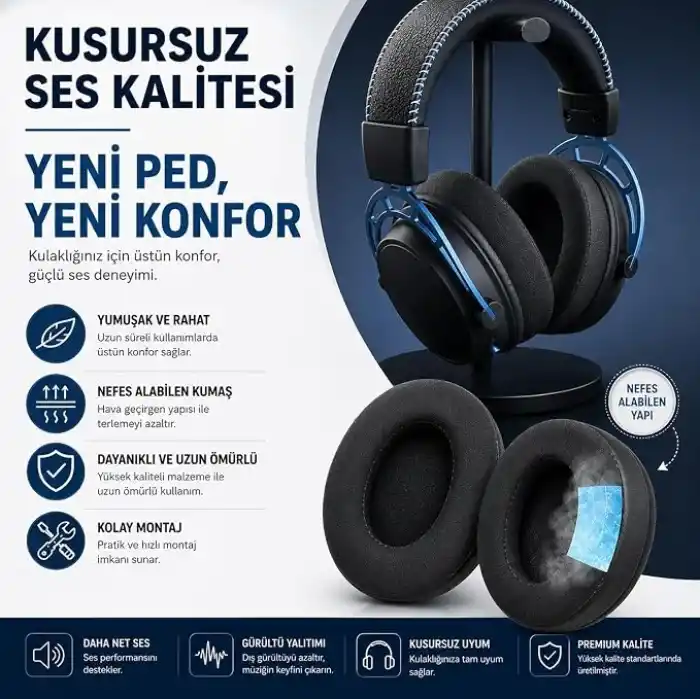 HyperX Cloud 3,2,1, Cloud Alpha, Flight, Stinger, Core Uyumlu Soğutucu Jel Kulaklık Pedi | Memory Foam, Serin Kumaş, Gürültü Yalıtımlı Yedek Kulaklık Yastığı (1 Çift)