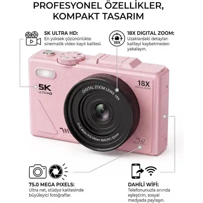 5K Dijital Kamera, Fotoğrafçılığa Yeni Başlayanlar İçin Auto Focus Fotoğraf Makinesi, 3 İnç Katlanabilir IPS Ekran, Çocuklar ve Öğrenciler İçin Hediye Kamera, Hafıza Kartı Hediye (Pembe)