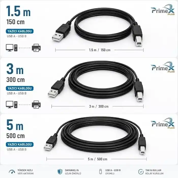 PrimeX PX-Y15 1.5 Metre Siyah USB Yazıcı Kablosu, USB-A to USB-B Printer Kablo, Yazıcı Tarayıcı Fotokopi Cihazı Bağlantı Kablosu, PC Laptop USB-B Girişli Yazıcılar ile Uyumlu