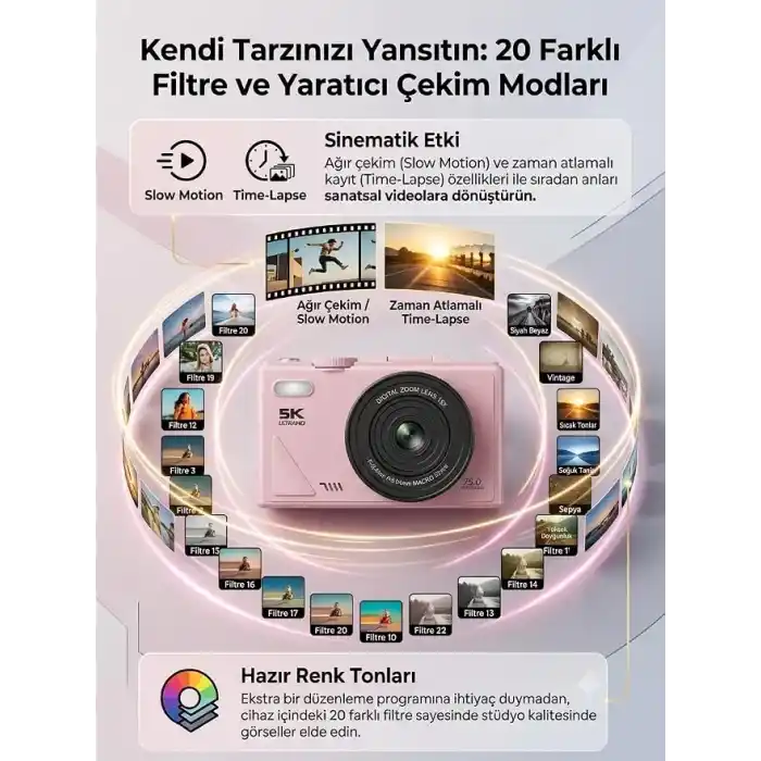 5K Dijital Kamera, Fotoğrafçılığa Yeni Başlayanlar İçin Auto Focus Fotoğraf Makinesi, 3 İnç Katlanabilir IPS Ekran, Çocuklar ve Öğrenciler İçin Hediye Kamera, Hafıza Kartı Hediye (Pembe)