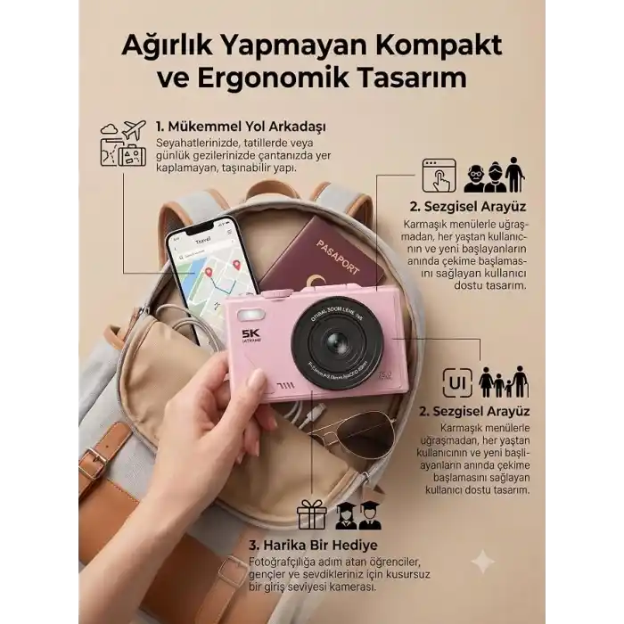 5K Dijital Kamera, Fotoğrafçılığa Yeni Başlayanlar İçin Auto Focus Fotoğraf Makinesi, 3 İnç Katlanabilir IPS Ekran, Çocuklar ve Öğrenciler İçin Hediye Kamera, Hafıza Kartı Hediye (Pembe)