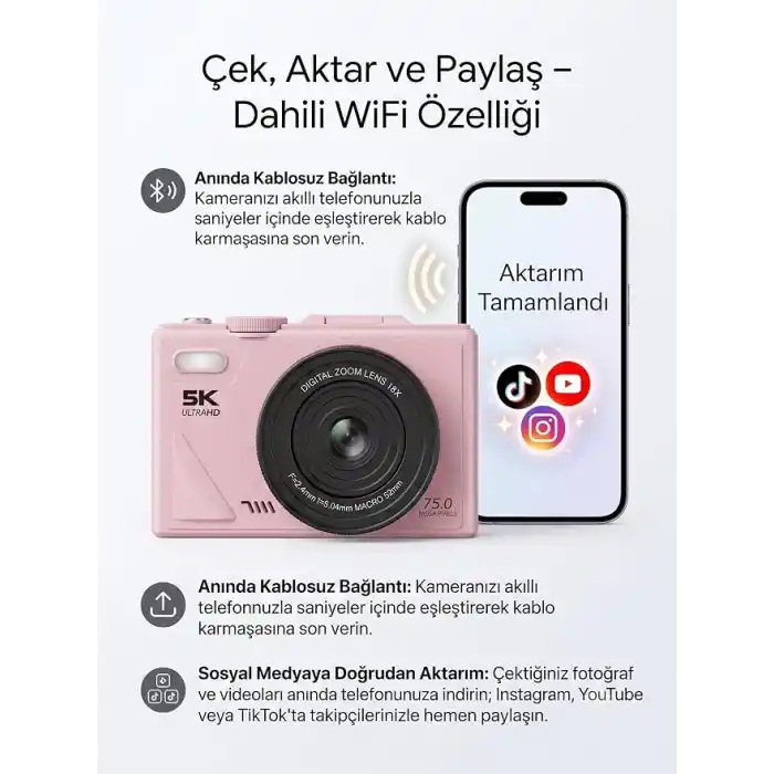 5K Dijital Kamera, Fotoğrafçılığa Yeni Başlayanlar İçin Auto Focus Fotoğraf Makinesi, 3 İnç Katlanabilir IPS Ekran, Çocuklar ve Öğrenciler İçin Hediye Kamera, Hafıza Kartı Hediye (Pembe)