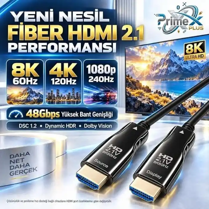 PrimeX PX-FBRHD10 HDMI 2.1 Aktif Fiber Optik Kablo 10 Metre, 8K 60Hz 4K 120Hz 1080p 240Hz, 48Gbps eARC Dynamic HDR VRR ALLM Destekli, SOURCE-DISPLAY Yönlü AOC HDMI Kablosu