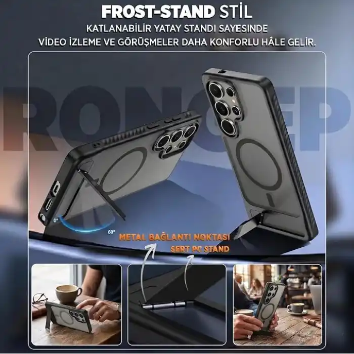 Rongep [Frost-Stand] Samsung Galaxy S25 Ultra için Kılıf Yatay Stantlı Manyetik [MagSafe ile Uyumlu] S25 Ultra Koruyucu Darbeye Dayanıklı Arkası Sert ve Yarı Saydam Samsung S25 Ultra Kılıf (Siyah)