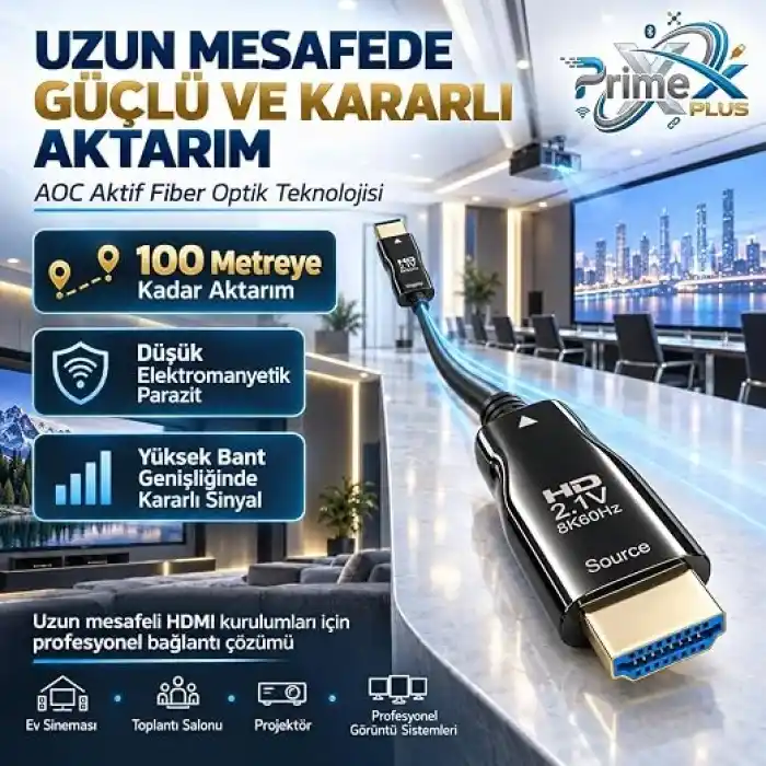 PrimeX PX-FBRHD10 HDMI 2.1 Aktif Fiber Optik Kablo 10 Metre, 8K 60Hz 4K 120Hz 1080p 240Hz, 48Gbps eARC Dynamic HDR VRR ALLM Destekli, SOURCE-DISPLAY Yönlü AOC HDMI Kablosu