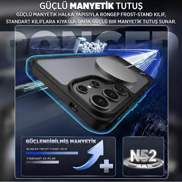 Rongep [Frost-Stand] Samsung Galaxy S25 Ultra için Kılıf Yatay Stantlı Manyetik [MagSafe ile Uyumlu] S25 Ultra Koruyucu Darbeye Dayanıklı Arkası Sert ve Yarı Saydam Samsung S25 Ultra Kılıf (Siyah)