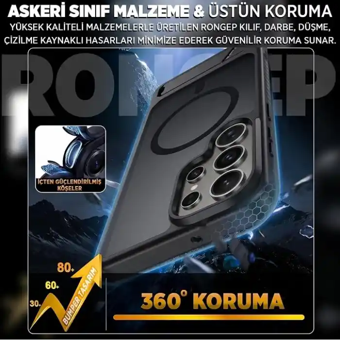 Rongep [Frost-Stand] Samsung Galaxy S25 Ultra için Kılıf Yatay Stantlı Manyetik [MagSafe ile Uyumlu] S25 Ultra Koruyucu Darbeye Dayanıklı Arkası Sert ve Yarı Saydam Samsung S25 Ultra Kılıf (Siyah)