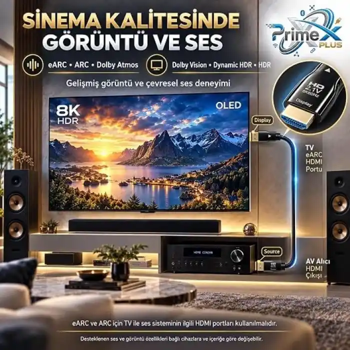 PrimeX PX-FBRHD10 HDMI 2.1 Aktif Fiber Optik Kablo 10 Metre, 8K 60Hz 4K 120Hz 1080p 240Hz, 48Gbps eARC Dynamic HDR VRR ALLM Destekli, SOURCE-DISPLAY Yönlü AOC HDMI Kablosu
