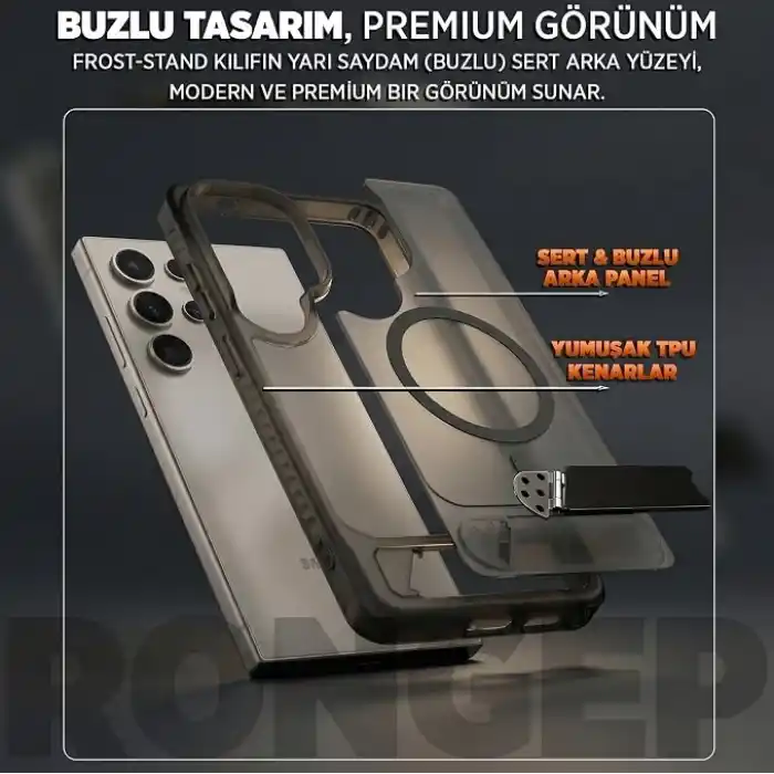 Rongep [Frost-Stand] Samsung Galaxy S25 Ultra için Kılıf Yatay Stantlı Manyetik [MagSafe ile Uyumlu] S25 Ultra Koruyucu Darbeye Dayanıklı Arkası Sert ve Yarı Saydam Samsung S25 Ultra Kılıf (Siyah)