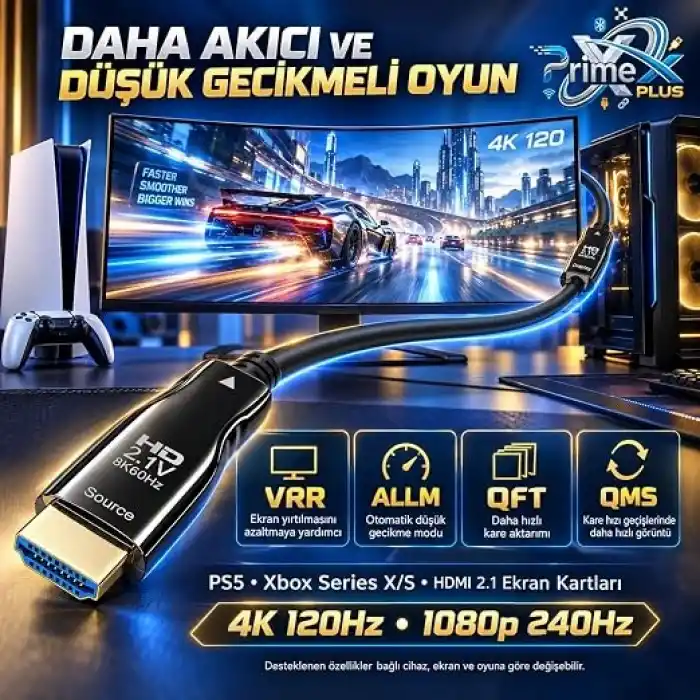 PrimeX PX-FBRHD10 HDMI 2.1 Aktif Fiber Optik Kablo 10 Metre, 8K 60Hz 4K 120Hz 1080p 240Hz, 48Gbps eARC Dynamic HDR VRR ALLM Destekli, SOURCE-DISPLAY Yönlü AOC HDMI Kablosu