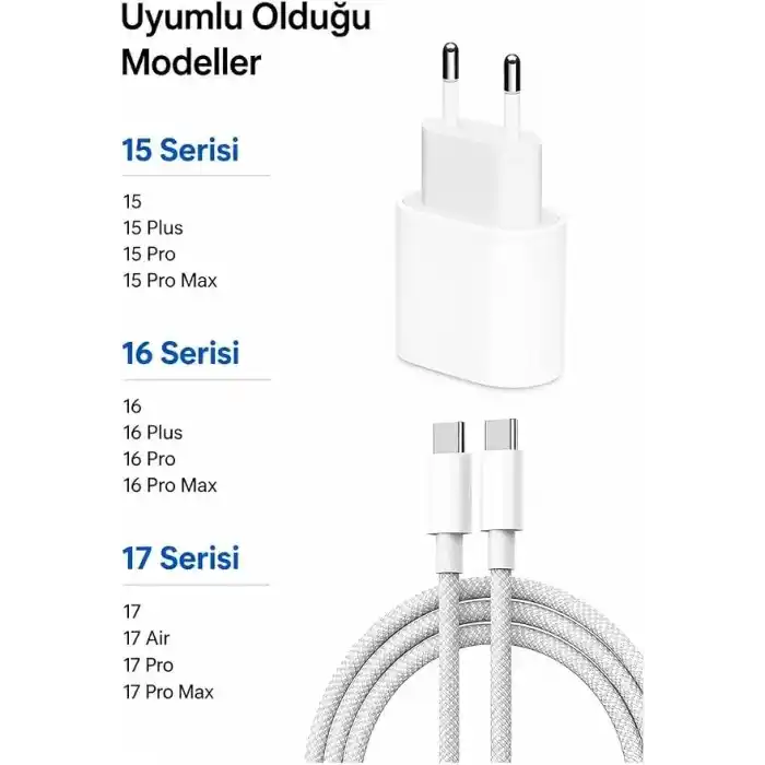 35W Hızlı Şarj Aleti Seti – iPhone 15/16 / 17 Serisi Uyumlu Type-C to Type-C Örgülü Kablo & 35W PD Adaptör + 60W Örgülü Kablo