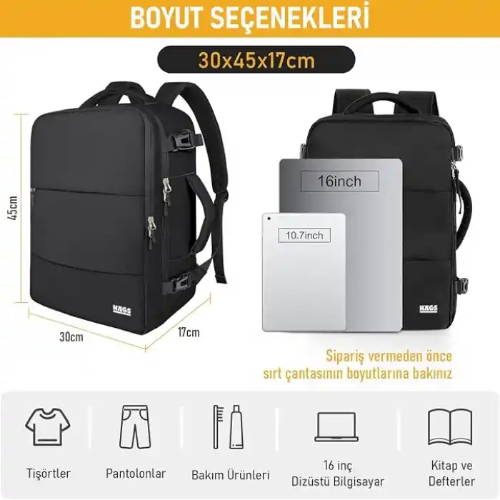 Haegs Laptop Sırt Çantası, Seyahat Çantası Hafif El Çantası Küçük Bavul Valiz, Uçak Onaylı Kabin Çantası, Erkek ve Bayan İçin, 15.6 inç Notebook Dizüstü Bilgisayar Laptop Macbook Çantası