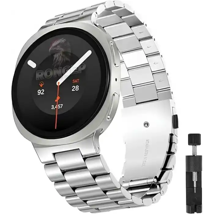 Rongep [Stainless Steell] Samsung Galaxy Watch 9/8 44mm/40mm/Classic 46mm ile Uyumlu Çelik Kordon [Kısaltma Aparatlı] Paslanmaya Dayanıklı Katlanır Tokalı Bakla Model Samsung Watch 9 Kordon