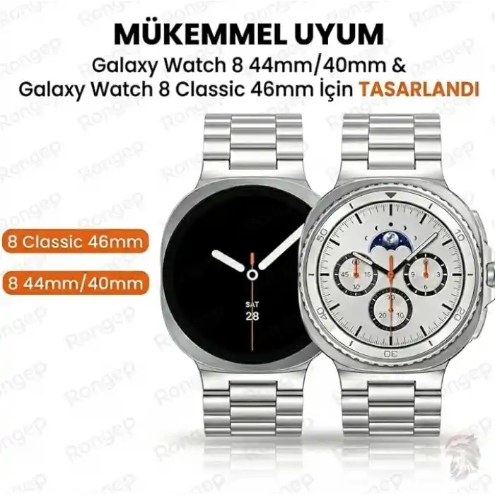Rongep [Stainless Steell] Samsung Galaxy Watch 9/8 44mm/40mm/Classic 46mm ile Uyumlu Çelik Kordon [Kısaltma Aparatlı] Paslanmaya Dayanıklı Katlanır Tokalı Bakla Model Samsung Watch 9 Kordon