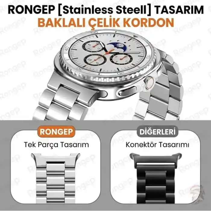 Rongep [Stainless Steell] Samsung Galaxy Watch 9/8 44mm/40mm/Classic 46mm ile Uyumlu Çelik Kordon [Kısaltma Aparatlı] Paslanmaya Dayanıklı Katlanır Tokalı Bakla Model Samsung Watch 9 Kordon