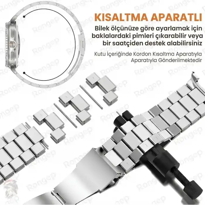 Rongep [Stainless Steell] Samsung Galaxy Watch 9/8 44mm/40mm/Classic 46mm ile Uyumlu Çelik Kordon [Kısaltma Aparatlı] Paslanmaya Dayanıklı Katlanır Tokalı Bakla Model Samsung Watch 9 Kordon