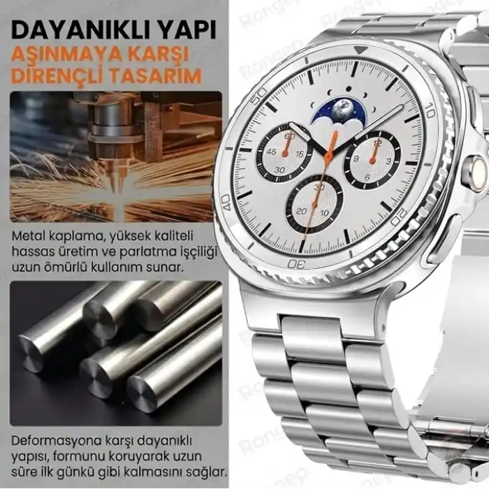 Rongep [Stainless Steell] Samsung Galaxy Watch 9/8 44mm/40mm/Classic 46mm ile Uyumlu Çelik Kordon [Kısaltma Aparatlı] Paslanmaya Dayanıklı Katlanır Tokalı Bakla Model Samsung Watch 9 Kordon