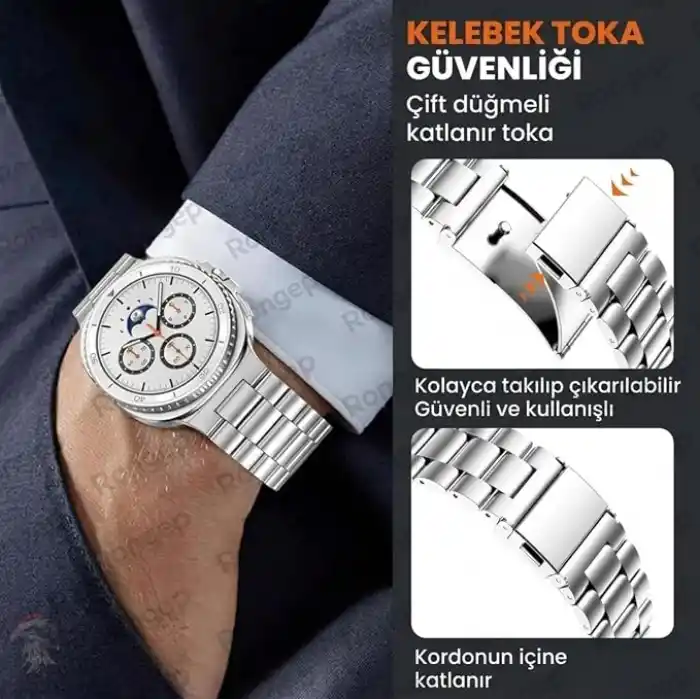 Rongep [Stainless Steell] Samsung Galaxy Watch 9/8 44mm/40mm/Classic 46mm ile Uyumlu Çelik Kordon [Kısaltma Aparatlı] Paslanmaya Dayanıklı Katlanır Tokalı Bakla Model Samsung Watch 9 Kordon