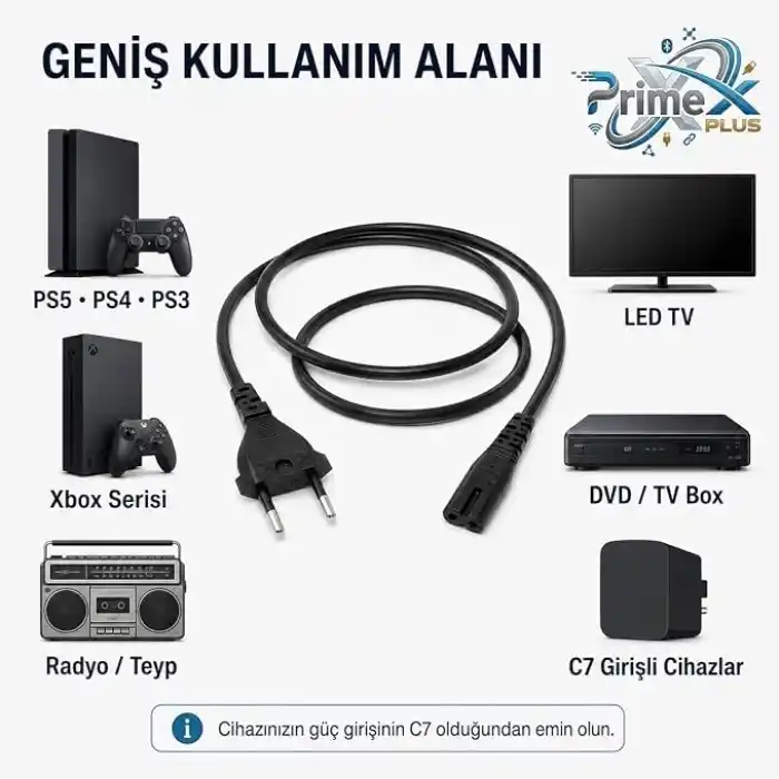 PrimeX PX-TYP18 1.8 Metre Original C7 Euro Teyip Power Kablosu, 2 Pin Sekiz Tip TV Güç Kablosu, PS5 PS4 PS3 Xbox Series LED TV Radyo Teyp DVD TV Box ve C7 Girişli Cihazlar İçin Full Bakır Power Kablo