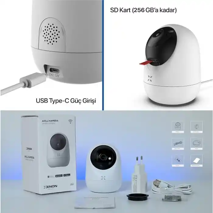 Xenon Smart Ev Kamerası 3MP WiFi Güvenlik Kamerası Mobil Kontrol Çift Yönlü Ses 350° PTZ Gece Görüş İç Mekan X7205
