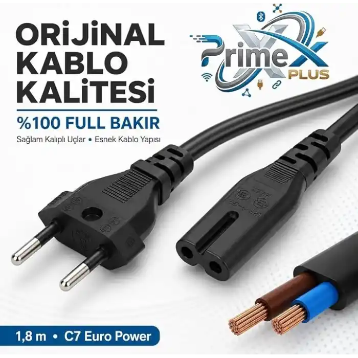 PrimeX PX-TYP18 1.8 Metre Original C7 Euro Teyip Power Kablosu, 2 Pin Sekiz Tip TV Güç Kablosu, PS5 PS4 PS3 Xbox Series LED TV Radyo Teyp DVD TV Box ve C7 Girişli Cihazlar İçin Full Bakır Power Kablo